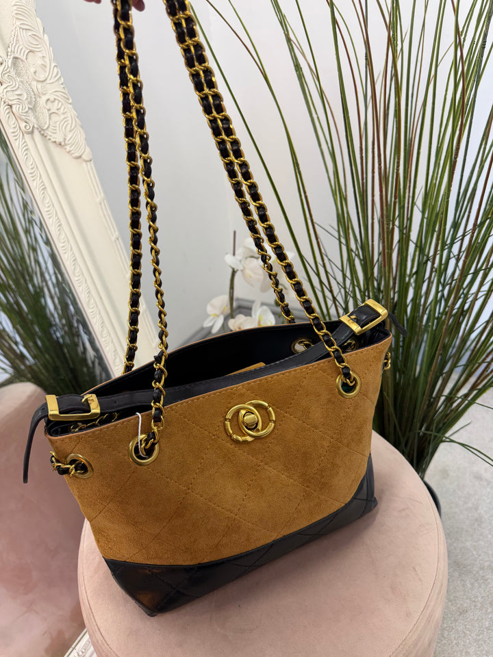 Ladies Fashion Inspired Faux Suede Handbag - black & camel