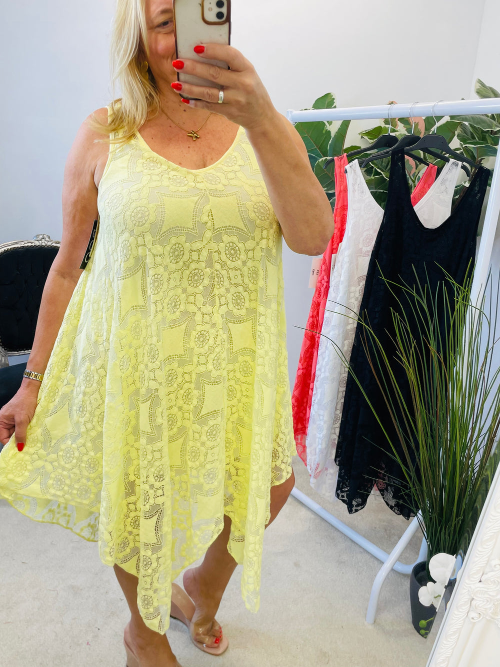 LADIES LACY HANKERCHIEF SUMMER DRESS - LEMON, CORAL, BLACK & WHITE