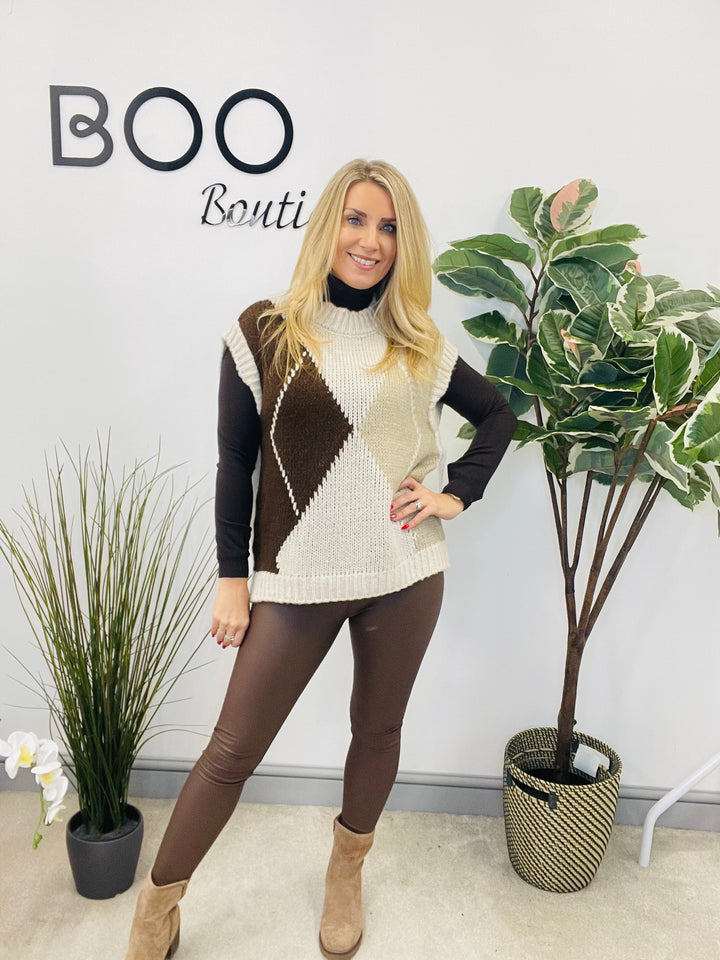 LADIES ARGYLE KNIT TANK TOP - MOCHA, BEIGE, BROWN