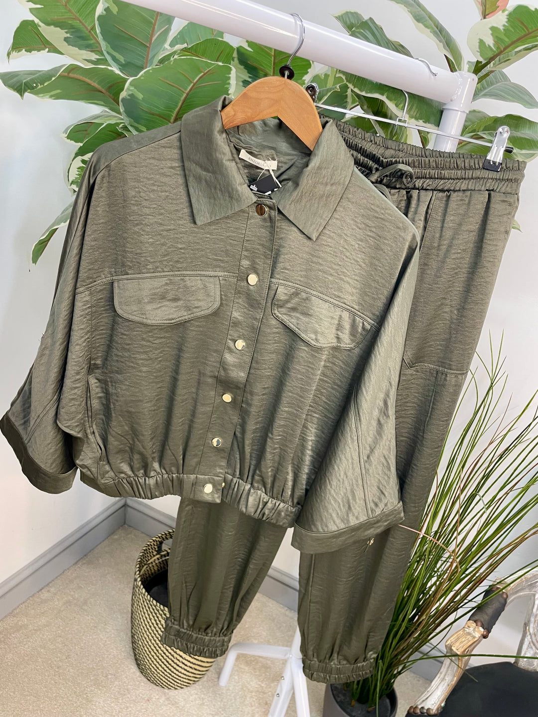 LADIES SATIN BOMBER JACKET JOGGER LEG CO ORD - KHAKI, BLACK & BROWN