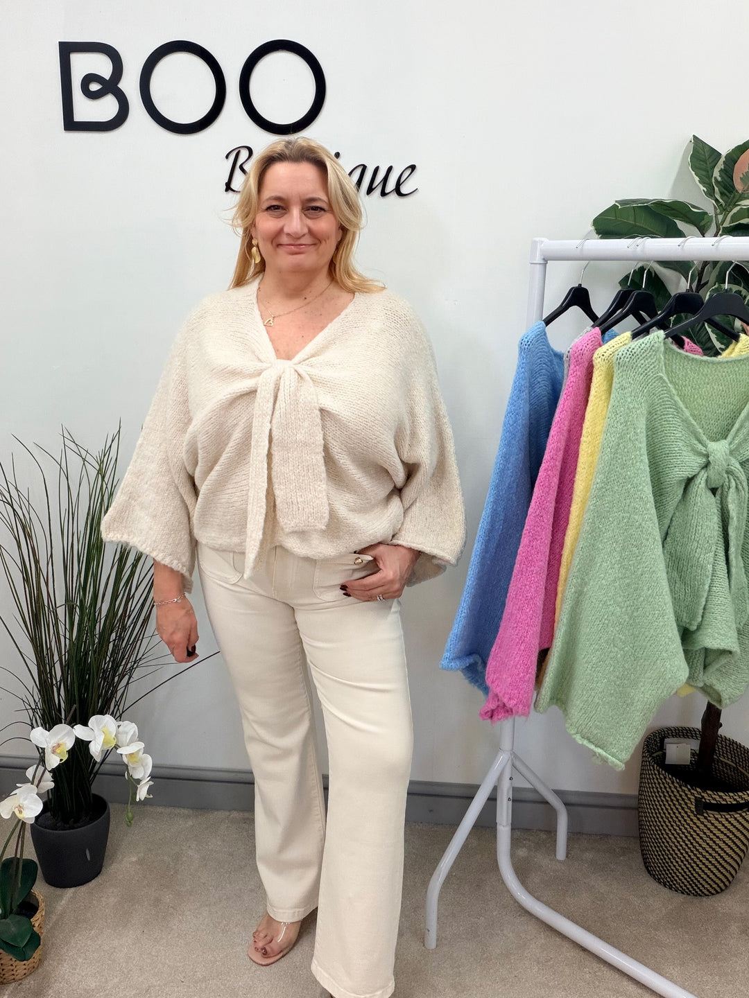 LADIES CHUNKY BOW JUMPER - PINK, MINT, LEMON, BLUE, BEIGE & GREY