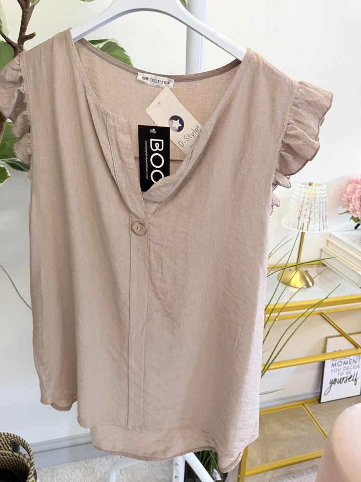 Ladies Frill Sleeve Grandad Top - Blue, Pink, Brown, White, Black & Mocha