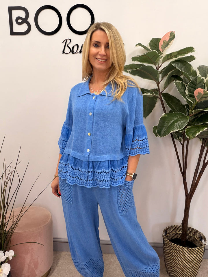 Ladies Fashion Broderie Anglaise Teabag Linen Top royal blue