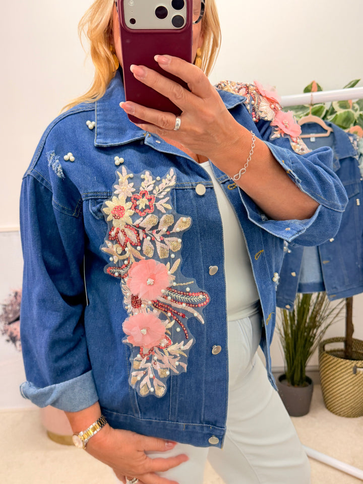 Ladies Blue Denim Applique Flower & Pearl Jacket - Pink & Mint