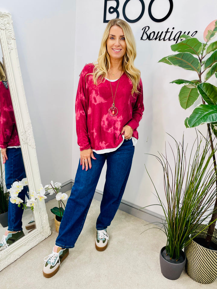 LADIES TIE DYE DOUBLE LAYER TOP - NAVY, BURGUNDY & KHAKI