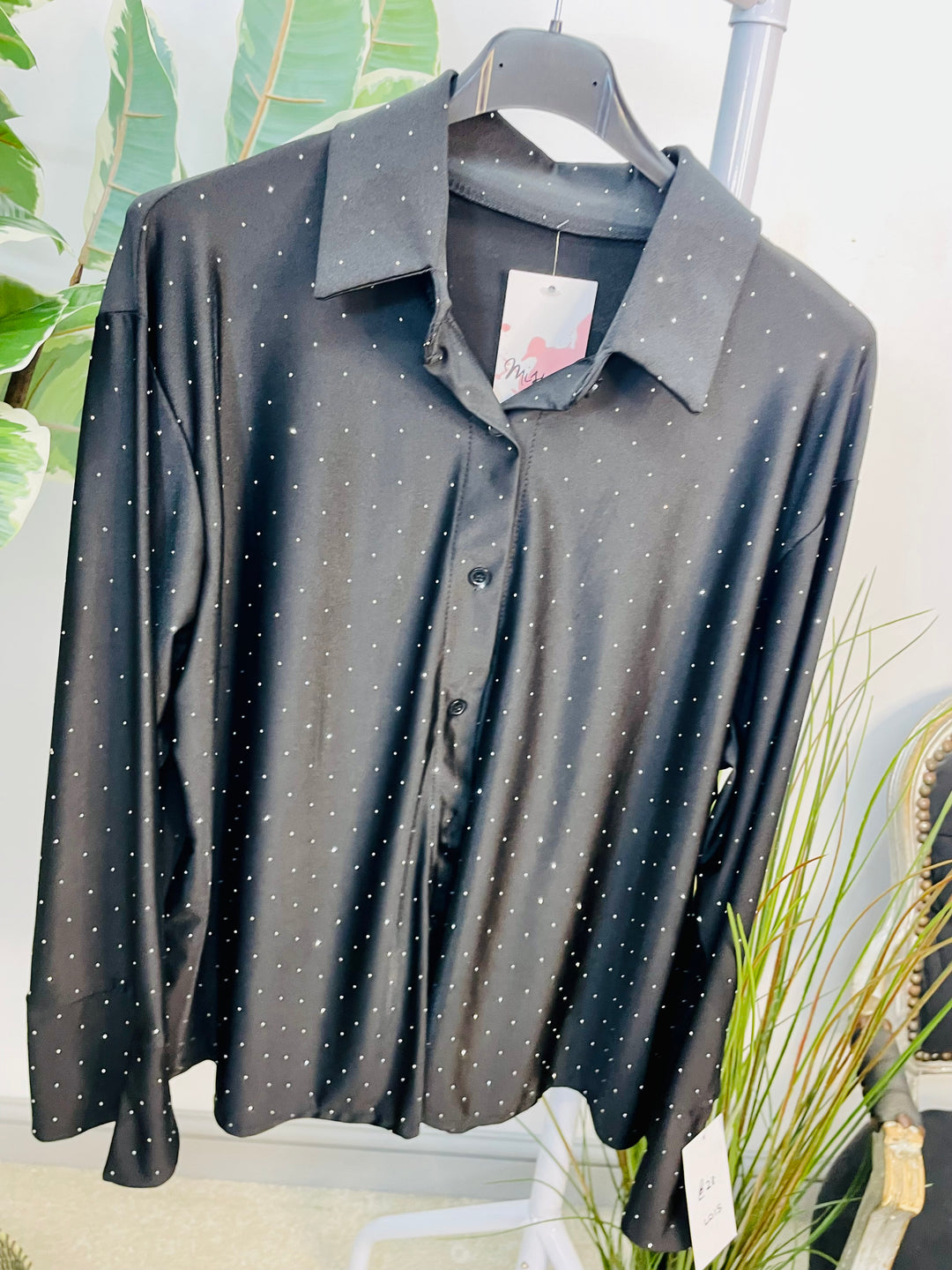 LADIES SPARKLY STRETCH BLOUSE SHIRT - WHITE, BLACK, CHAMPAGNE