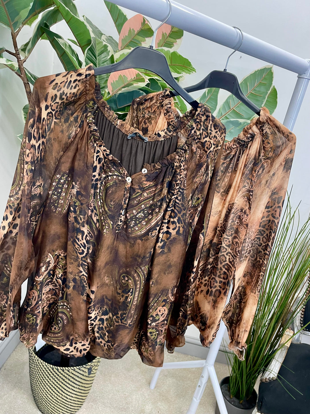 LADIES ANIMAL PRINT CHIFFON BARDOT TOP - CAMEL & BROWN