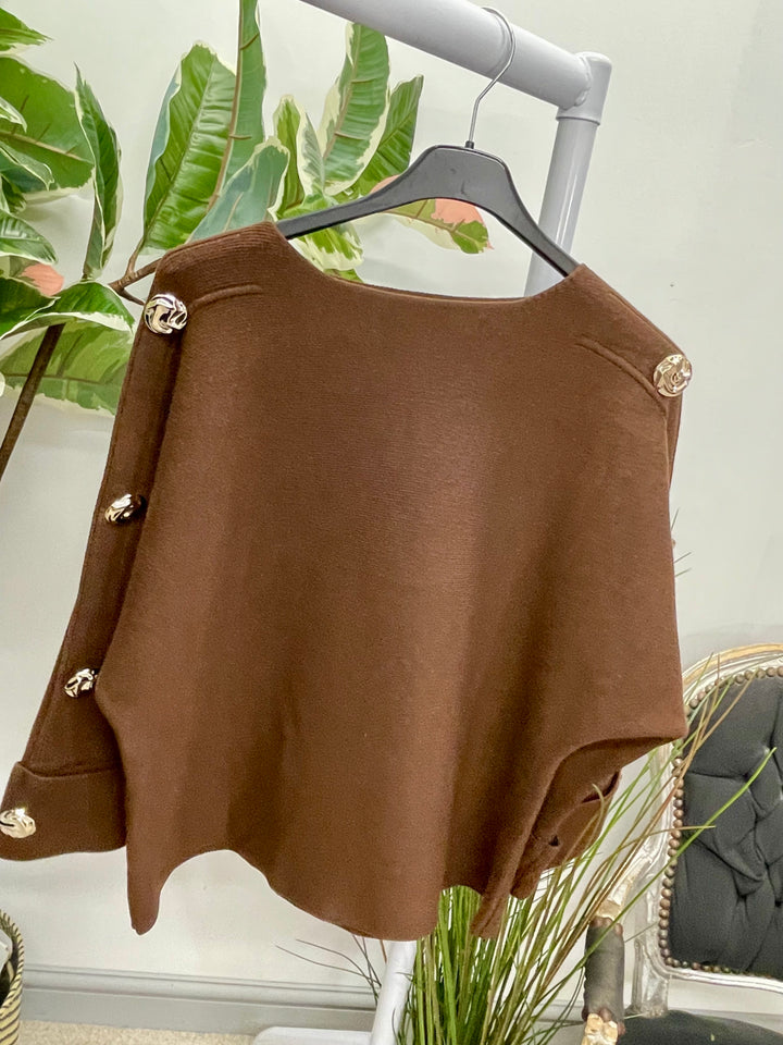 LADIES THICK KNIT GOLD BUTTON JUMPER - WHITE, BEIGE, BROWN & BLACK