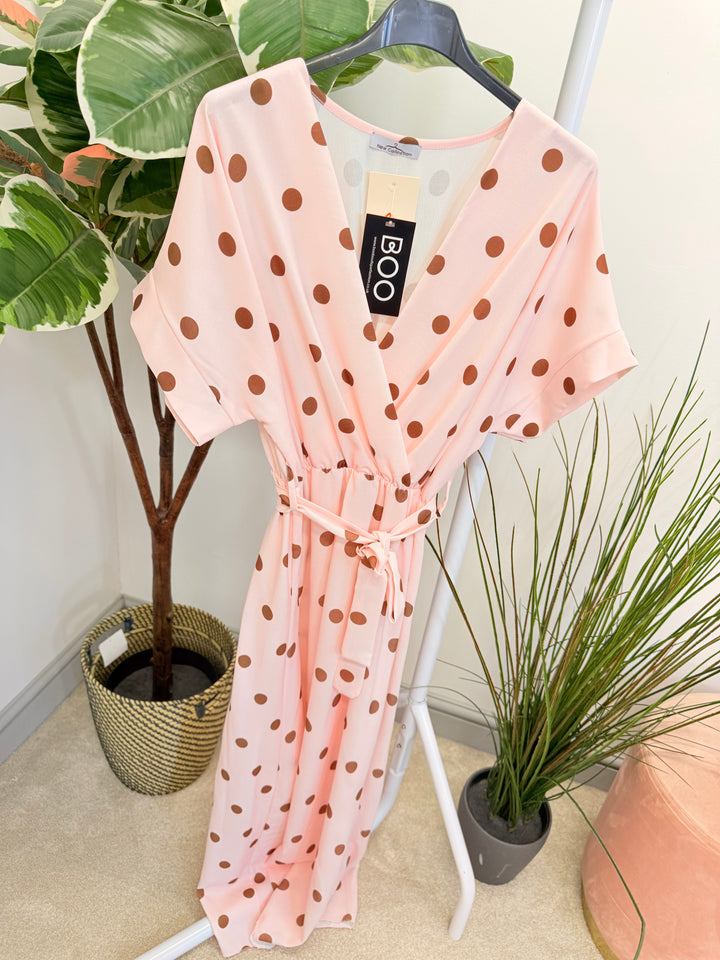 Ladies Polka Dot Wrap Midi Dress - Navy, Cream, Pink, Lemon & Pale Blue