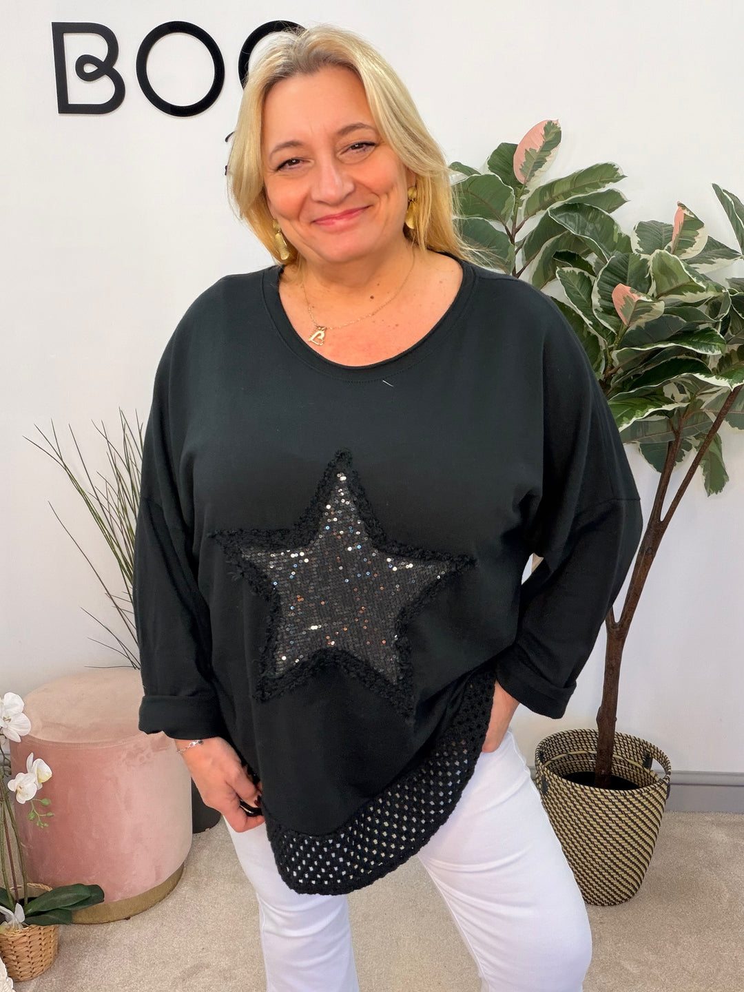 Ladies Fashion Oversize Star Sweatshirt style Top - black, white, pink, raspberry & grey