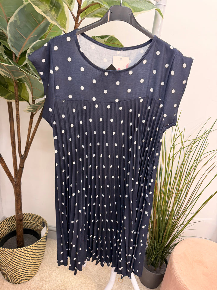 Ladies Pleated Polka Dot Midi Day Dress - black, navy, pink, blue, beige 