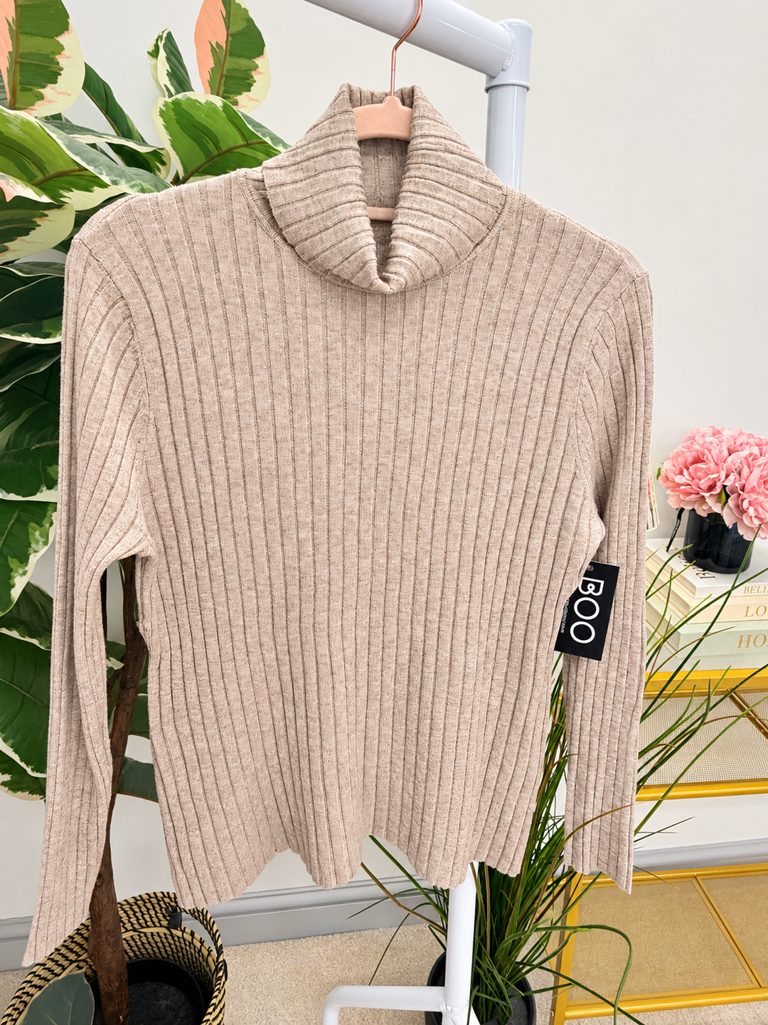 Women’s ribbed knit roll neck jumper mocha