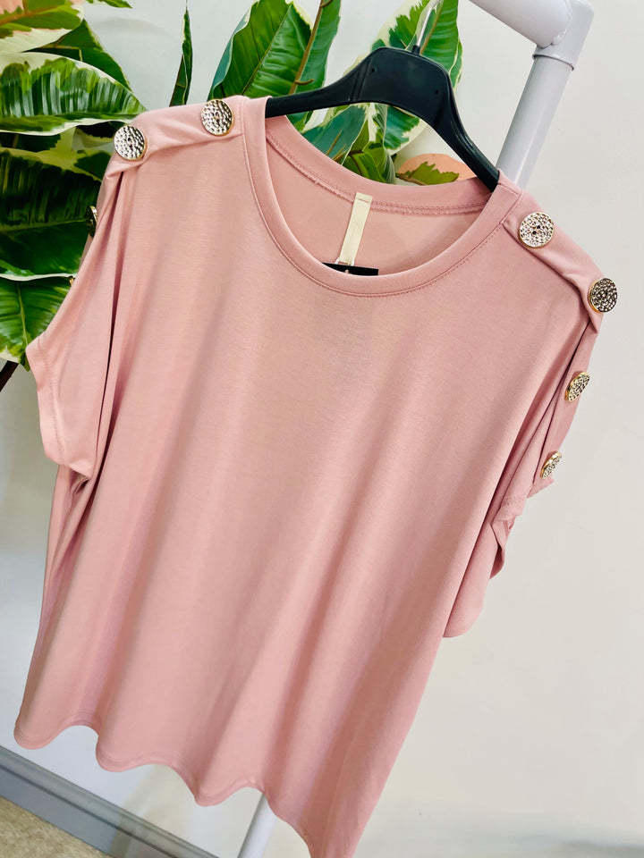 LADIES CASUAL STRETCH GOLD BUTTON T SHIRT - PINK, NAVY, WHITE, BLACK, KHAKI