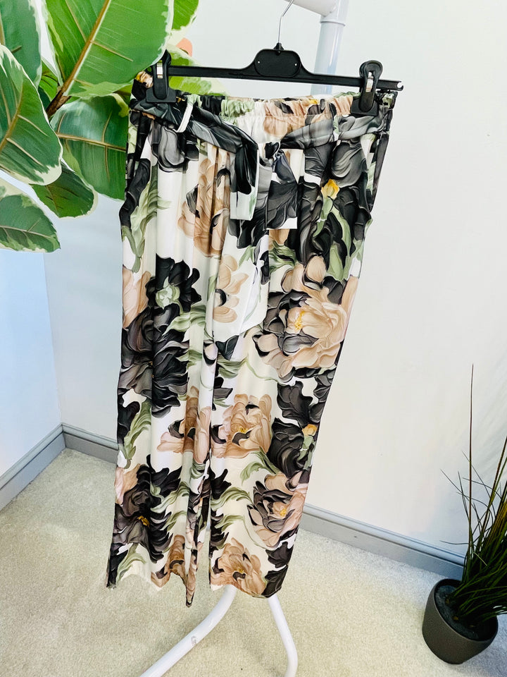 LADIES FLORA PRINT SATIN WIDE LEG PALAZZO TROUSERS - PINK, NAVY, GREEN, BLACK, YELLOW
