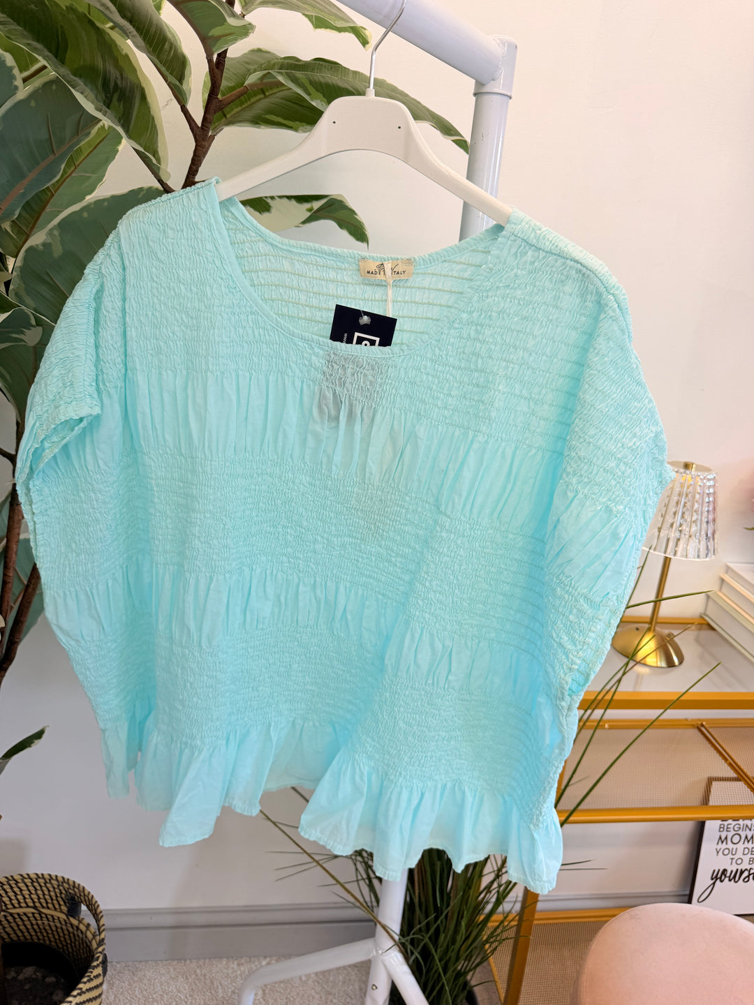 Ladies Cotton Elasticated Summer Top - White, Blue, Mint, Pink & Brown