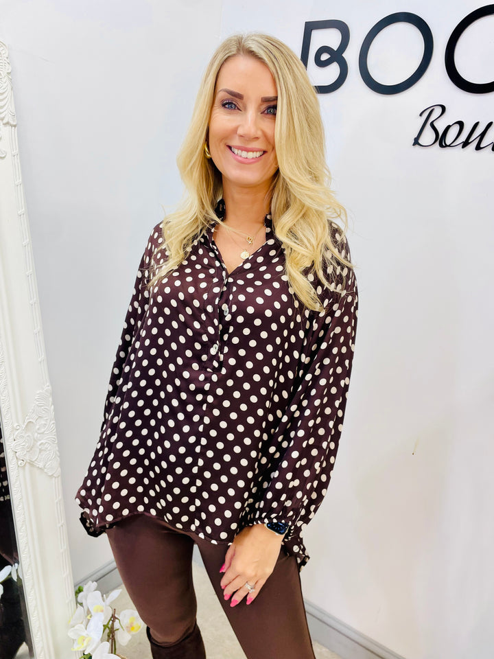 LADIES POLKA DOT SATIN BLOUSE SHIRT - NAVY, BROWN & BLACK
