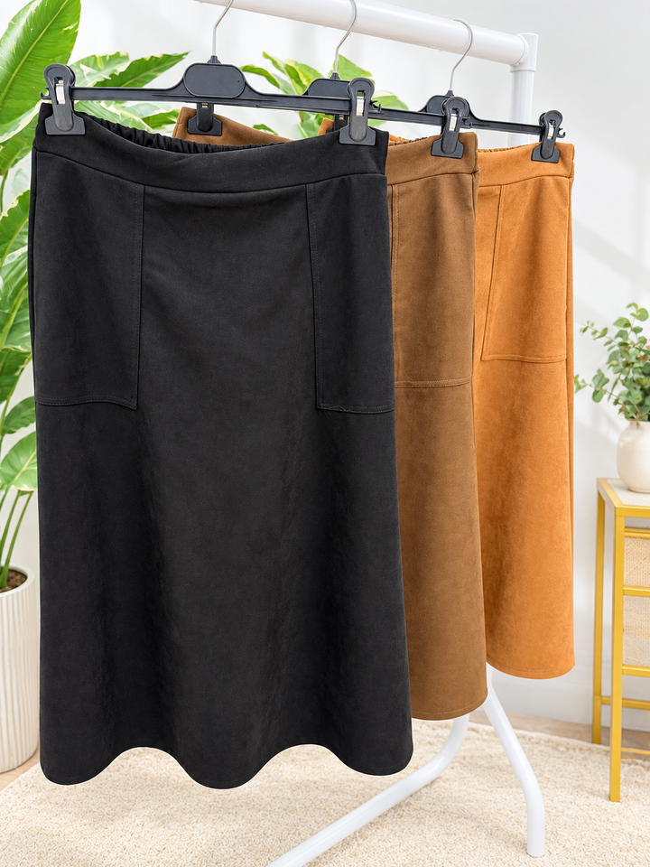 Womens fashion faux suede A line maxi skirt - black, camel & brown