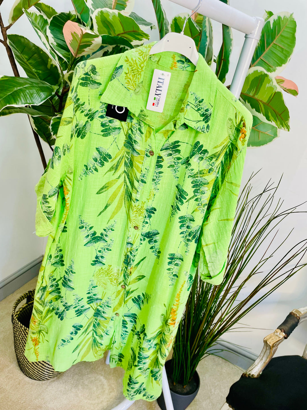 LADIES LINEN SUMMER SHIRT BUTTON UP HOLIDAY DRESS - PINK & GREEN