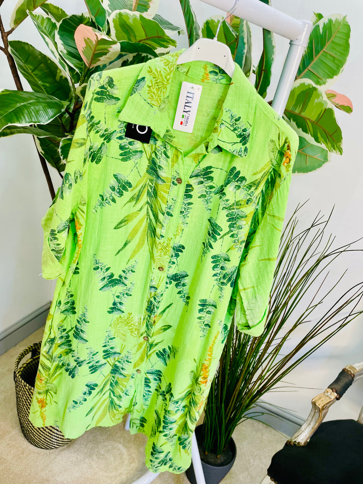 LADIES LINEN SUMMER SHIRT BUTTON UP HOLIDAY DRESS - PINK & GREEN