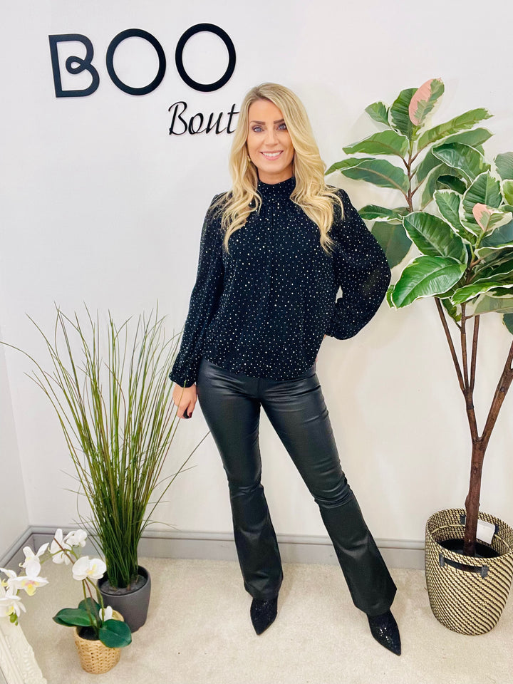 LADIES LUREX BLOUSON HIGH NECK TOP - BLACK & BRONZE