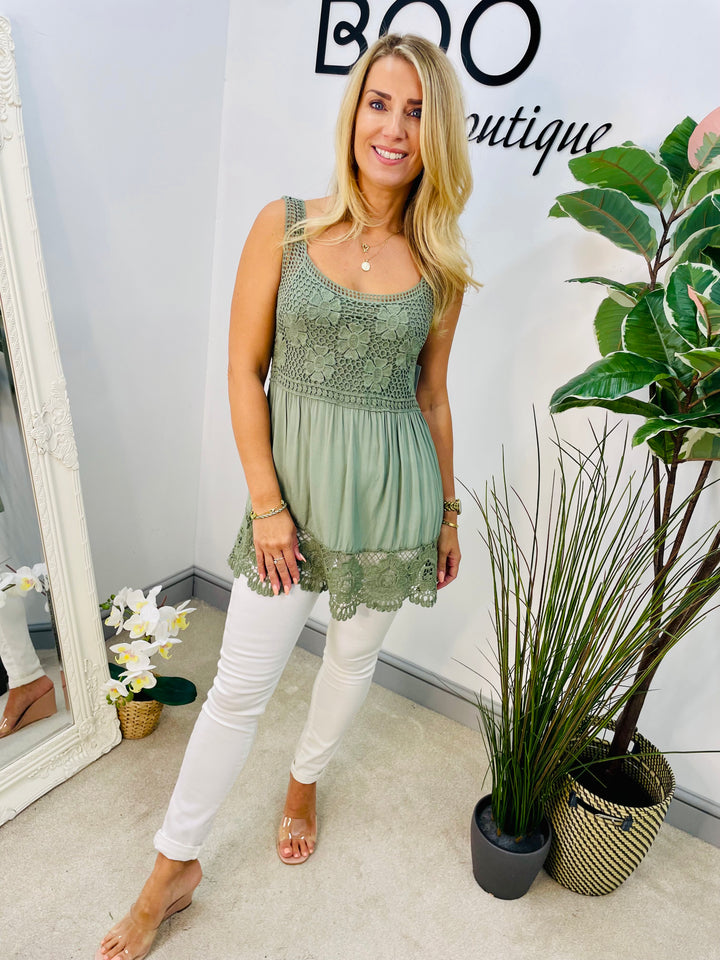 LADIES CROCHET & LACE SUMMER CAMI TOP - WHITE, LEMON, BLUE, PINK, KHAKI, BLACK