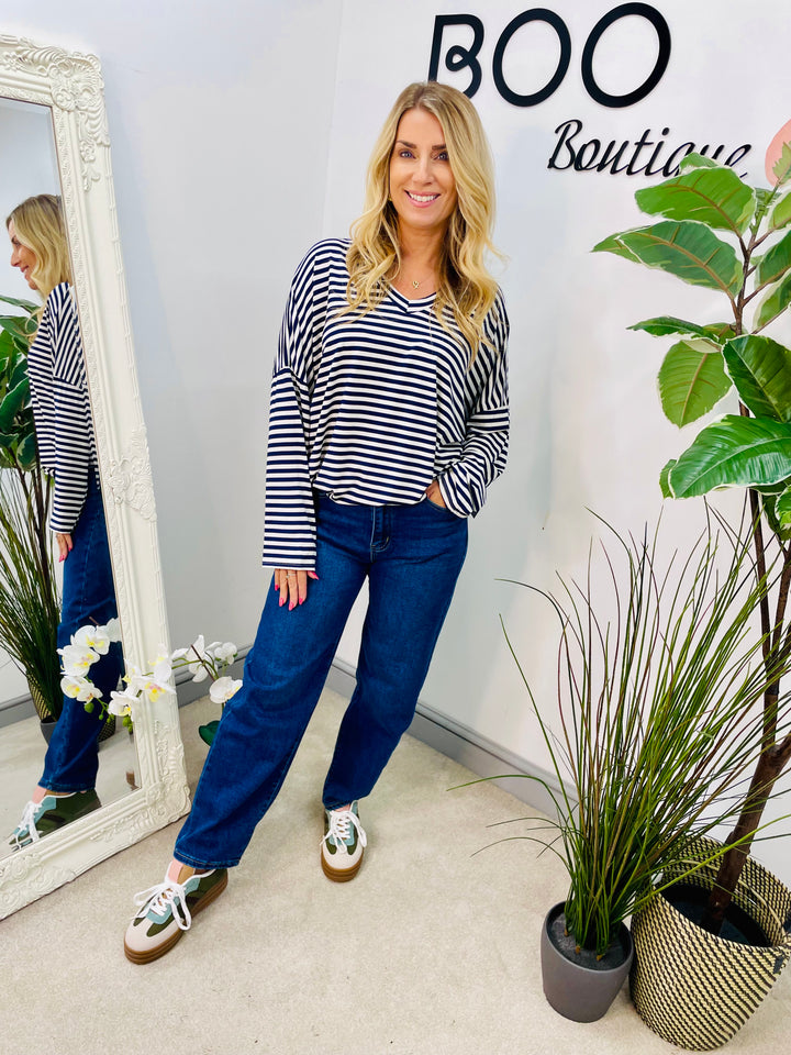 LADIES CASUAL STRIPE LOOSE FIT TOP - KHAKI, NAVY, WINE, BLACK & BROWN