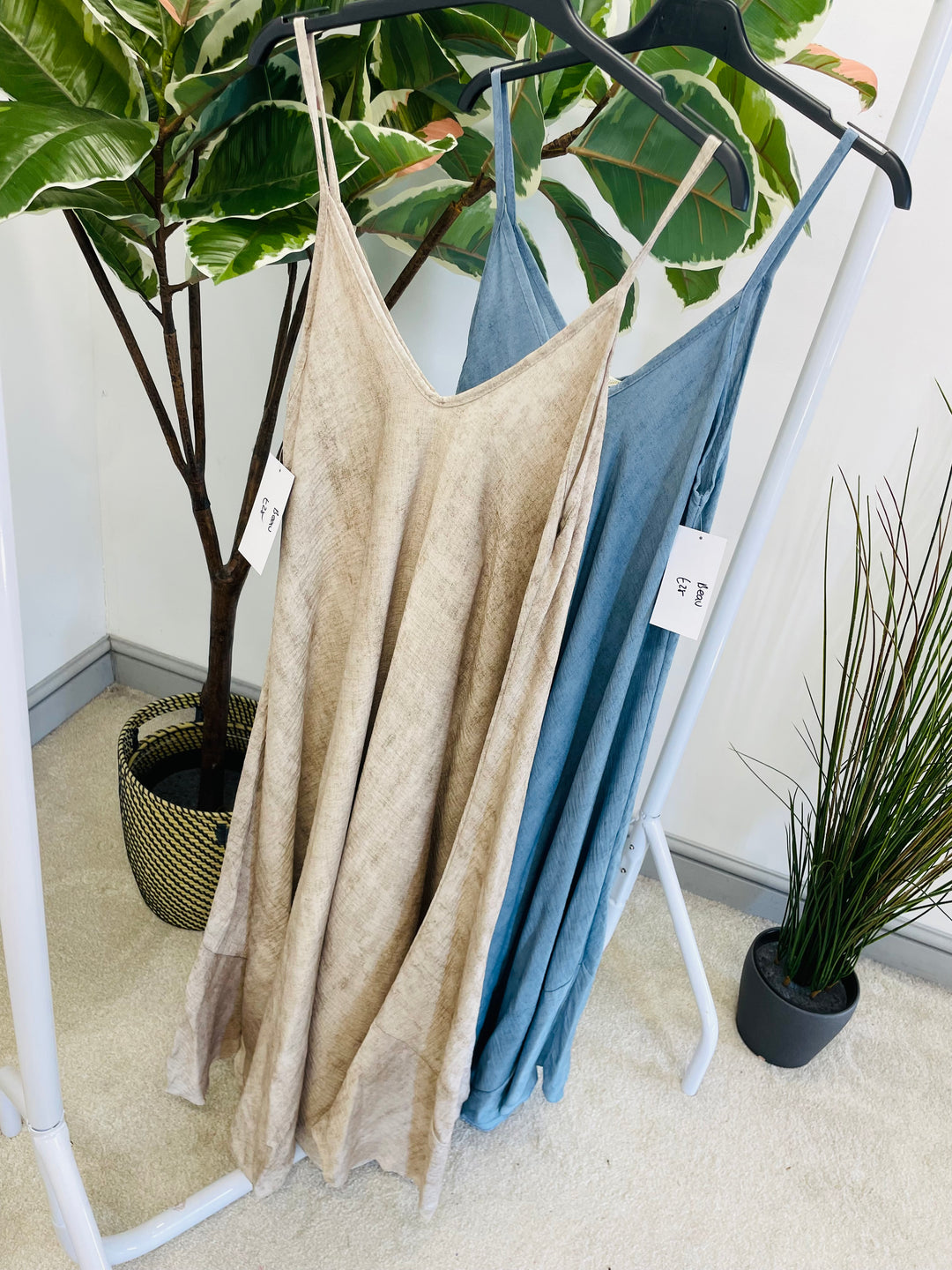 LADIES SUMMER CAMI MAXI DRESS - BEIGE & BLUE