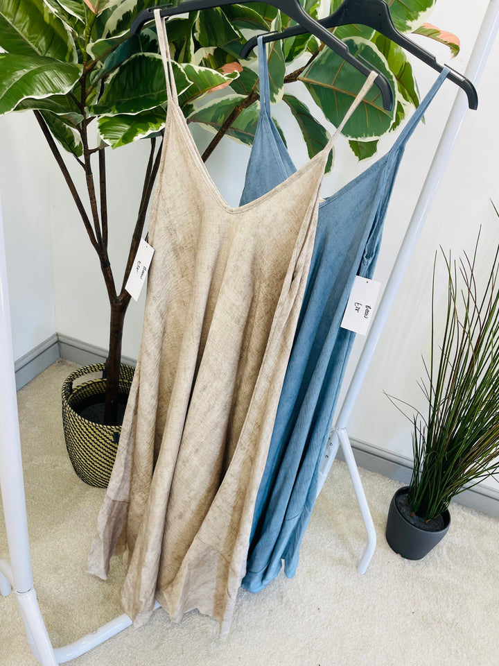 LADIES SUMMER CAMI MAXI DRESS - BEIGE & BLUE