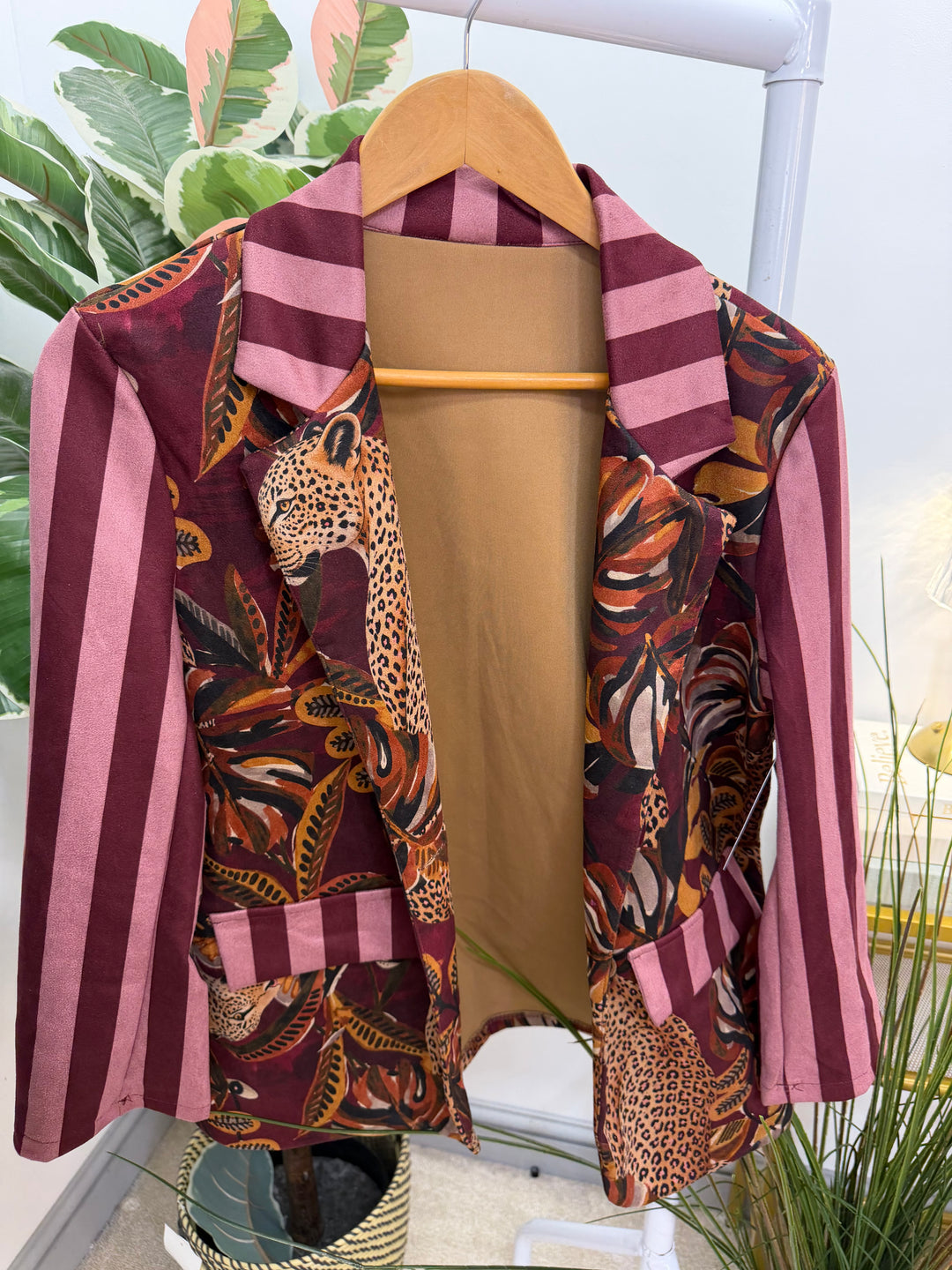 Womens Faux Suede Jungle Print Blazer Jacket - Burgundy & Black