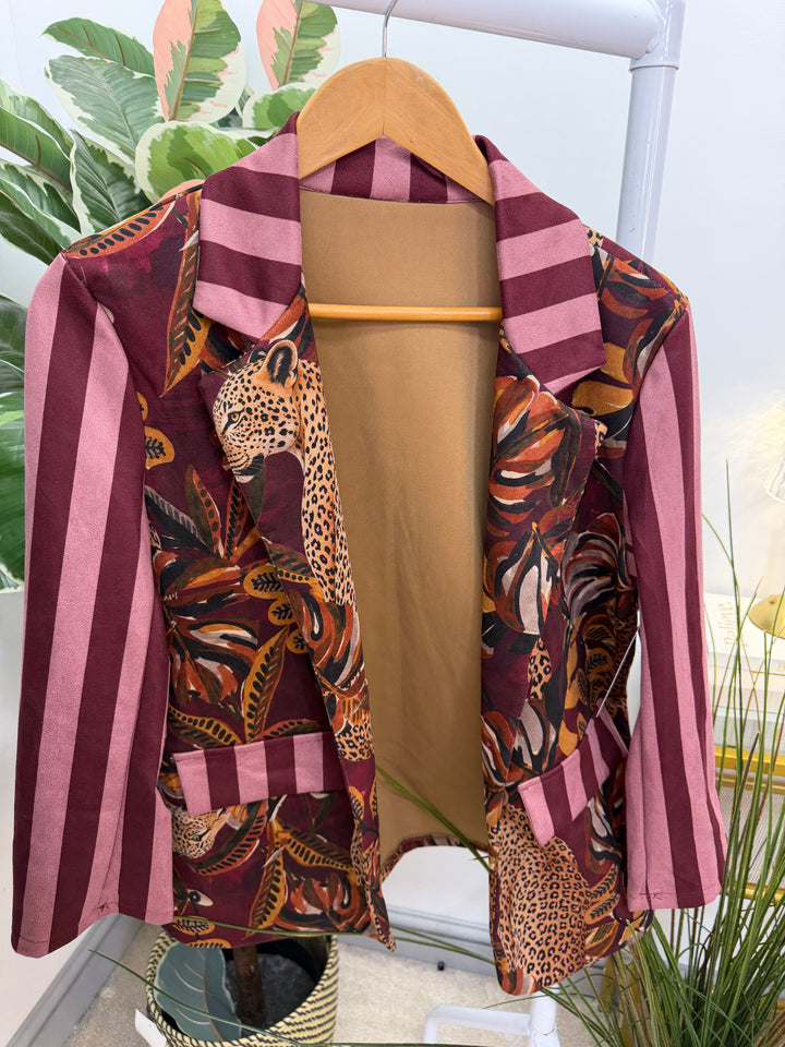 Womens Faux Suede Jungle Print Blazer Jacket - Burgundy & Black