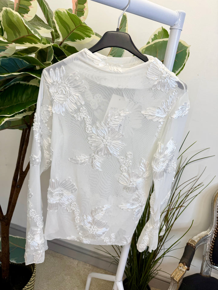 LADIES SHEER LACY TOP - BLUE, BLACK, WHITE, PINK & BROWN