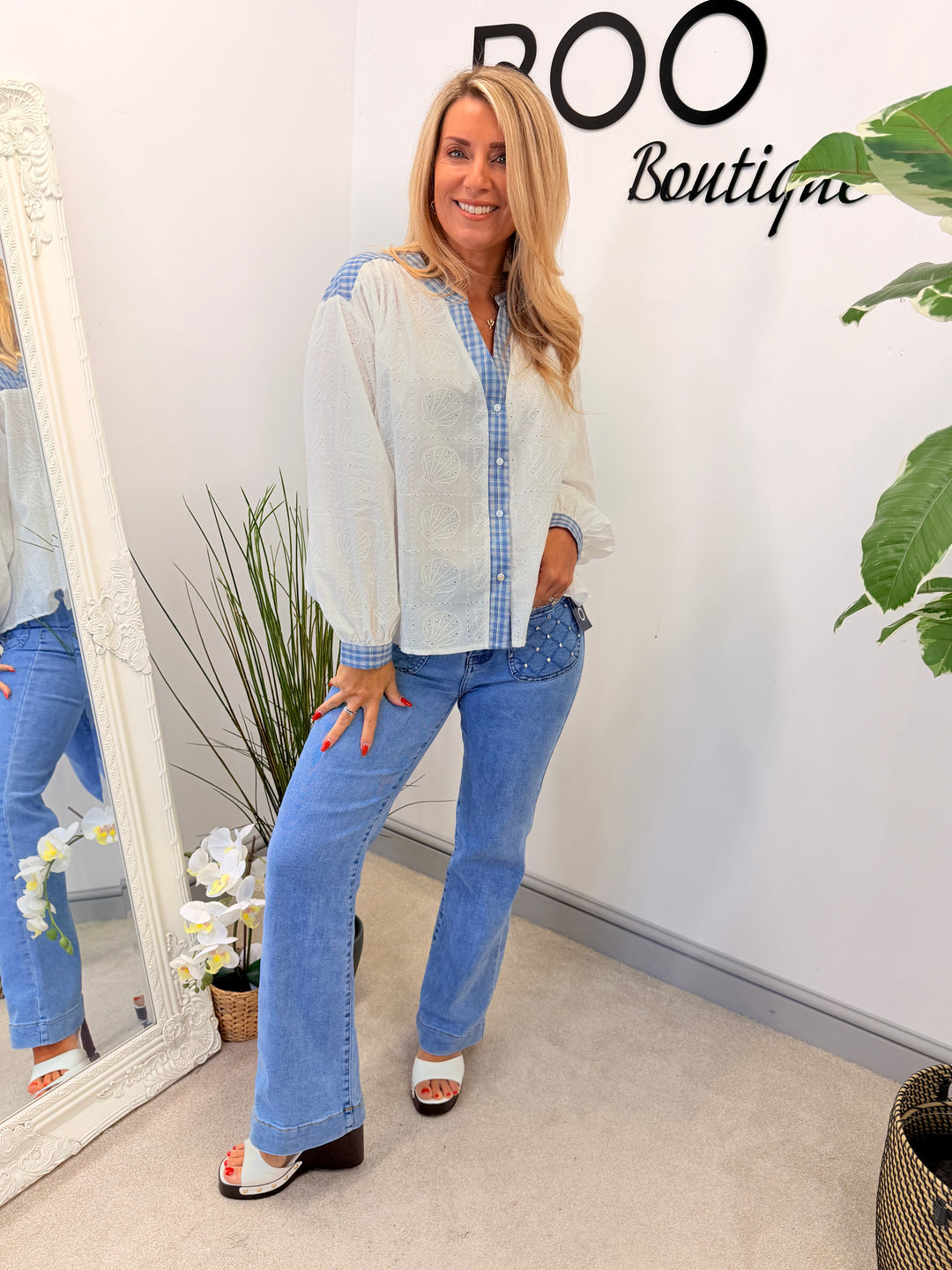 Ladies Fashion White Broderie Anglaise Denim Detail Blouse To