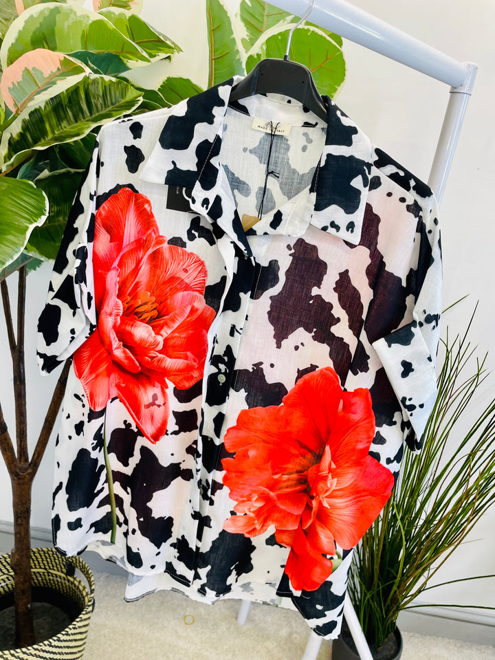 LADIES CREAM LINEN & RED POPPY PRINT OVERSIZE SUMMER SHIRT TOP