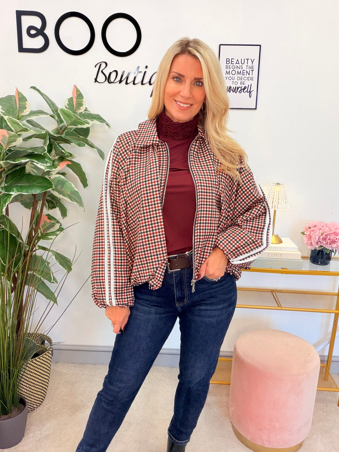 Women’s check sports luxe bomber jacket - red and black 