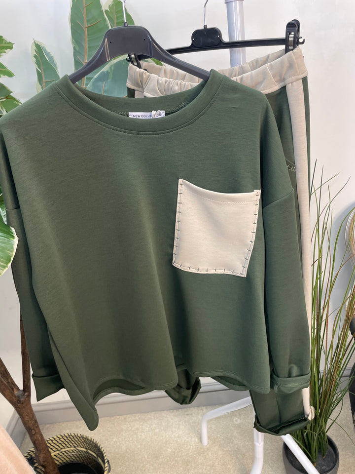 LADIES PATCHWORK POCKET SCUBA TROUSER CO ORD SET - NAVY, KHAKI & BEIGE