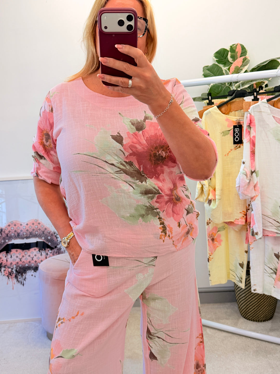 Ladies Fashion Flower Print Light Linen Top - White, Pink & Lemon