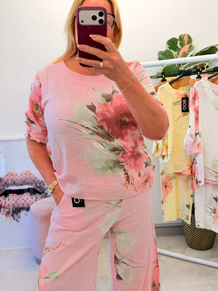 Ladies Fashion Flower Print Light Linen Top - White, Pink & Lemon