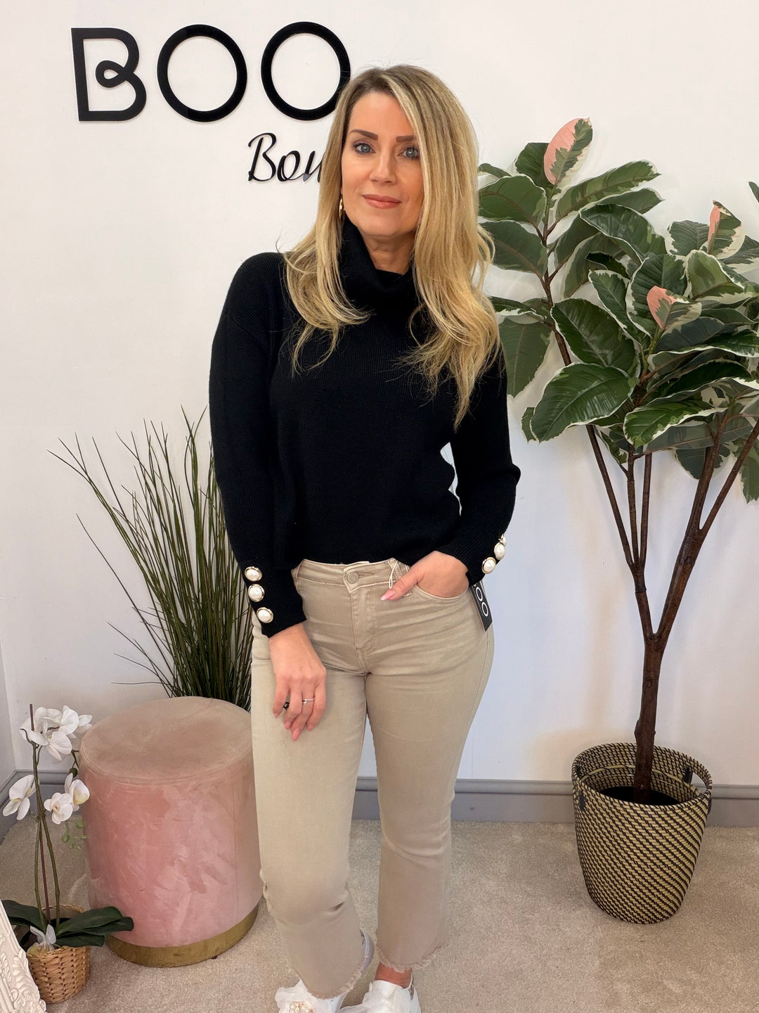 Ladies Fashion Cropped Roll Neck Jumper - black, white, blue & pink