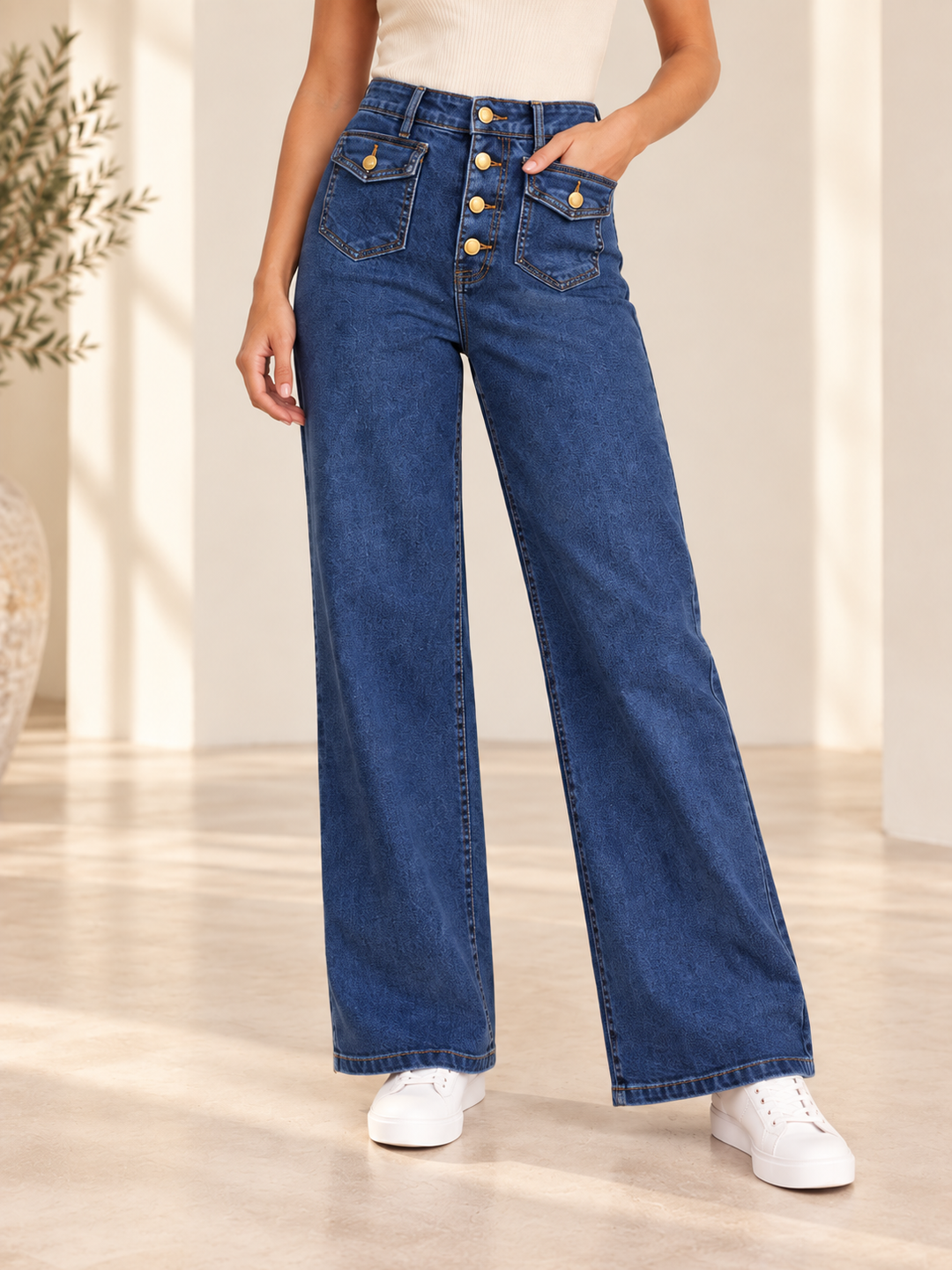 Womens fashion wide leg blue denim high waist jeans
