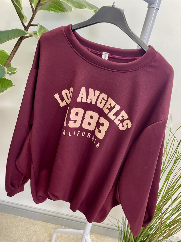 LADIES BUBBLE HEM NEW YORK SWEATSHIRT TOP - BERRY, BLACK, TAUPE, CREAM & BROWN