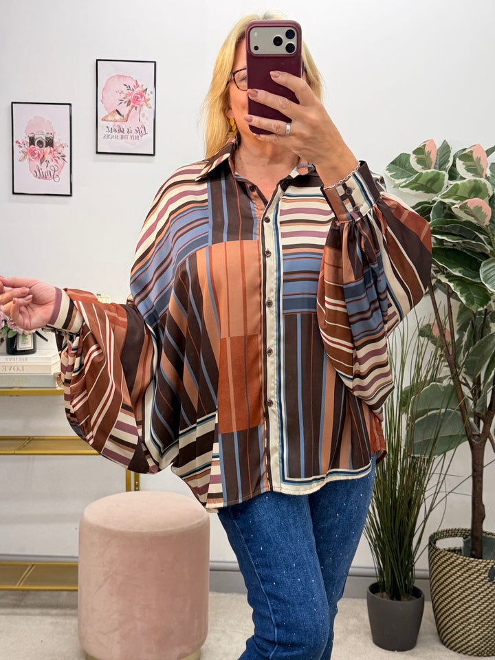 Ladies Blue & Brown Stripe Satin Oversize Loose Fit Blouse Top