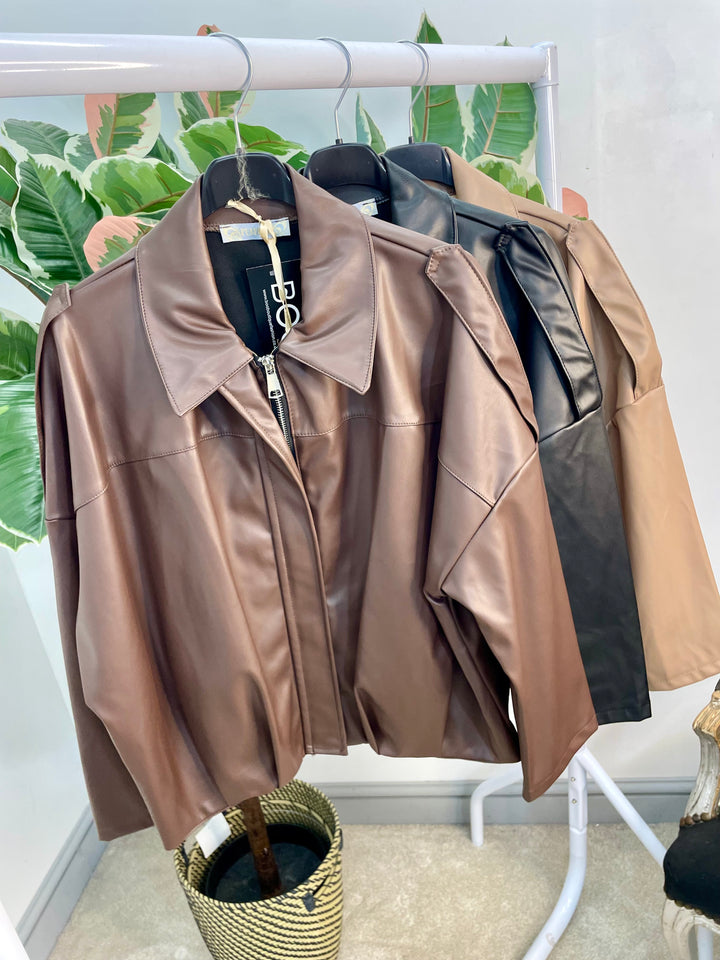 LADIES FASHION FAUX LEATHER BOMBER JACKET - BLACK, BROWN & BEIGE
