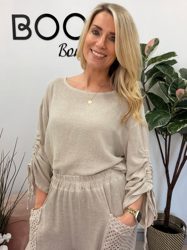 Ladies Fashion Ruche Sleeve Teabag Linen Top light beige