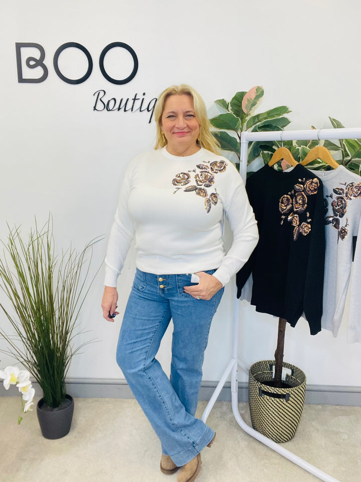 LADIES SEQUIN KNITTED JUMPER - BLACK, WHITE & GREY