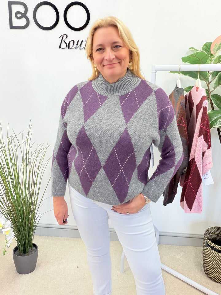 LADIES FASHION ARGYLE KNIT JUMPER - BERRY, PINK, GREY, PURPLE