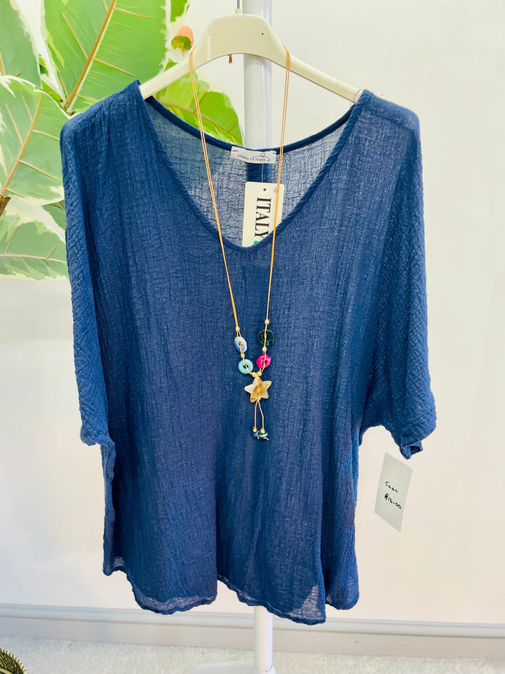 LADIES WOMENS NAVY BLUE CHEESECLOTH CASUAL CRINKLE LOOK TOP BLOUSE & necklace set