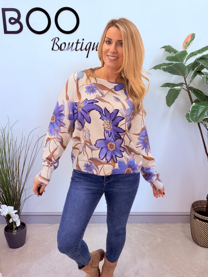 LADIES CREAM & PURPLE SEQUIN FLOWER JUMPER
