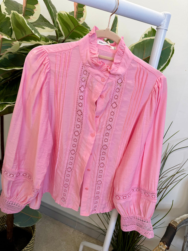 LADIES COTTON LACY BLOUSE SHIRT - WHITE, BLACK, YELLOW  & PINK