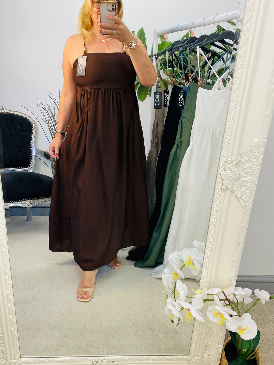 LADIES SUMMER HOLIDAY MAXI DRESS - DENIM BLUE, WHITE, BROWN, BEIGE & BLACK