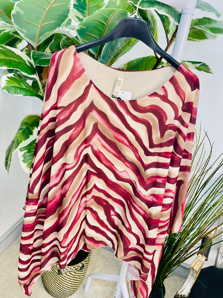 LADIES ZEBRA PRINT CHIFFON FLOATY TOP BLOUSE - GREEN, BLACK & BURGUNDY